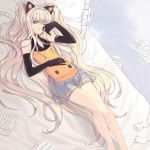  animal_ears bad_id bed blonde_hair blue_eyes cat_ears elbow_gloves enk gloves highres legs long_hair lying on_back pillow seeu skirt smile solo very_long_hair vocaloid wince 