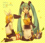  closed_eyes detached_sleeves eyes_closed gift hair_ribbon hand_on_head happy happy_birthday hatsune_miku headphones headset kagamine_len kagamine_rin kneeling long_hair necktie open_mouth ribbon sitting skirt spring_onion tears thigh-highs thighhighs twintails very_long_hair vocaloid 