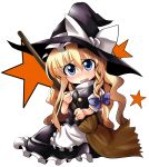  apron blonde_hair blue_eyes blush braid broom chibi hair_ribbon hat hat_ribbon hirayama-h kirisame_marisa long_hair open_mouth ribbon shirt sitting skirt skirt_set solo star touhou witch witch_hat 