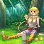  asymmetrical_clothing bare_shoulders belt blonde_hair bow eating food frontier_town fruit hair_bow kneehighs long_hair original red_eyes short shorts sitting smile solo striped striped_legwear studded_belt thigh-highs thighhighs tree 