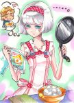  apron bare_shoulders blue_eyes bob_cut cis_(tiger_&amp;_bunny) cooking cronucia dress egg frying_pan hairband keith_goodman reading short_hair skinny thought_bubble tiger_&amp;_bunny white_hair 