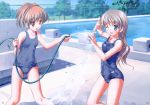  :d absurdres bare_legs bare_shoulders blue_eyes blush brown_eyes brown_hair collarbone grey_hair highres hose long_hair multiple_girls one-piece_swimsuit open_mouth original pool poolside school_swimsuit smile starting_block swimsuit takoyaki_(roast) water wet wet_clothes wink 