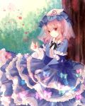  bow butterfly dress frills hat highres nail_polish petals pink_eyes pink_hair saigyouji_yuyuko short_hair shromann smile solo touhou tree triangular_headpiece veil 