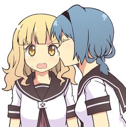  blush eichikei eyes_closed furutani_himawari headband kiss oomuro_sakurako school_uniform serafuku yuri yuru_yuri 