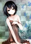  bare_shoulders black_hair blue_eyes butterfly checkered checkered_background chemise collarbone hand_on_own_chest hand_to_chest heterochromia highres orange_eyes original see-through short_hair solo strap_slip tate_(donnguriumai) 