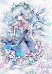  argyle argyle_legwear bow cirno crystal dress hair_bow ice miri solo touhou traditional_media watercolor_(medium) wings 