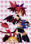  blonde_hair chibi choker disgaea etna flonne gloves harada_takehito jewelry midriff nippon_ichi official_art pointy_ears prinny red_eyes redhead scarf skirt tail thigh_highs twintails 