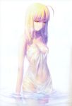  absurdres ahoge blonde_hair breasts cleavage dress fate/stay_night fate_(series) green_eyes hair_down highres long_hair saber saber_alter scan see-through solo takeuchi_takashi type-moon wading wet wet_clothes white_background yellow_eyes 