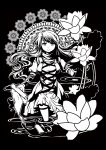  arm_ribbon dress flower hijiri_byakuren long_hair lotus monochrome scroll smile socha solo touhou water 