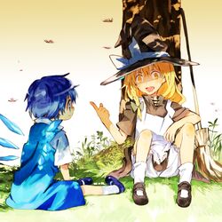  asaki blonde_hair bloomers blue_eyes bow braid broom cirno dragonfly dress footwear hair_bow hat hat_bow ice ice_wings kirisame_marisa long_hair multiple_girls ogawa_maiko open_mouth profile short_hair short_sleeves sitting socks touhou tree white_legwear wings witch witch_hat yellow_eyes 