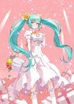  aqua_hair bobby_socks bouquet bow dress elbow_gloves flower footwear gift gloves hair_bow hand_on_own_chest hand_to_chest hatsune_miku highres long_hair maeda_risou pink_eyes risoumaeda socks solo twintails very_long_hair vocaloid 