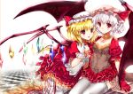  alternate_costume bat_wings blonde_hair blush checkered checkered_floor choker dress fang flandre_scarlet garter_straps gem gloves hat heco_(mama) lavender_hair multiple_girls pointy_ears red_eyes red_gloves remilia_scarlet siblings sisters sitting thigh-highs thighhighs touhou white_gloves white_legwear wings 