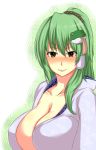  blush breasts cleavage green_hair hair_ornament highres kochiya_sanae large_breasts open_clothes open_shirt ponytail shirt solo touhou traces yellow_eyes 