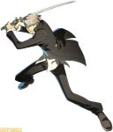  arc_system_works fighting_stance katana lowres narukami_yuu official_art persona persona_4 persona_4:_the_ultimate_in_mayonaka_arena school_uniform silver_hair sword watermark weapon 