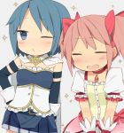  blue_hair bow cape chibi closed_eyes detached_sleeves eyes_closed frills gloves hair_bow hand_on_hip hips kaname_madoka knt31 magical_girl mahou_shoujo_madoka_magica miki_sayaka multiple_girls o3o open_mouth pink_hair ribbon short_hair skirt tsuzuya_(knt31) twintails white_gloves wink 