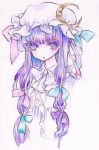  bow bust crescent hair_bow hat hat_bow long_hair miri patchouli_knowledge purple_eyes purple_hair solo touhou traditional_media watercolor_(medium) 