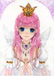  blue_eyes crown doily dress earrings eri-noa eyelashes hands_clasped jewelry original pink_hair princess puffy_sleeves short_sleeves smile solo traditional_media watercolor_(medium) white_dress wings 