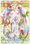  aqua_hair arms_behind_back butterfly closed_eyes detached_sleeves eyes_closed flower hair_flower hair_ornament hatsune_miku highres long_hair necktie skirt smile solo thigh-highs thighhighs tottsuan twintails very_long_hair vocaloid 