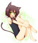  animal_ears bare_legs barefoot blush brown_hair cat_ears cat_tail fang green_eyes huei_nazuki one-piece_swimsuit open_mouth original school_swimsuit sitting smile solo swimsuit tail 