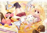  blonde_hair boots charlotte_(madoka_magica) chocolate dual_persona ears food fruit genderswap gradient_hair grief_seed kyubey long_hair lying mahou_shoujo_madoka_magica midriff missa_yuya multicolored_hair navel on_back personification pink_hair shorts strawberry thigh-highs thighhighs twintails 