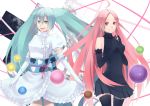  ahoge aqua_eyes aqua_hair bad_id bangs black_dress black_legwear bow dress gloves hatsune_miku highres long_hair miki miki_(vocaloid) multiple_girls open_mouth orbs pink_eyes pink_hair sf-a2_miki smile sougishi_ego spade thighhighs turtleneck twintails very_long_hair vocaloid 