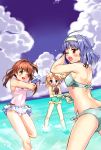  blonde_hair blue_eyes brown_hair casual_one-piece_swimsuit cat_ears green_eyes highres jewelpet_(series) jewelpet_tinkle k@non long_hair miria_marigold_mackenzie one-piece_swimsuit red_eyes sakura_akari sara_(jewelpet) sara_(jewelpet_tinkle) short_hair side_ponytail splash splashing swimsuit twintails water_gun wink 