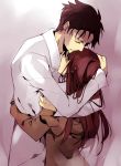  1girl black_hair brown_hair closed_eyes couple eyes_closed facial_hair height_difference hug jacket kizuna_(black15) labcoat makise_kurisu okabe_rintarou spoilers steins;gate stubble 