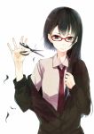  asymmetrical_hair black_eyes cardigan cutting_hair dress_shirt female glasses hair_in_mouth long_hair mouth_hold necktie off_shoulder original rage_(rojiura) red-framed_glasses school_uniform scissors shirt simple_background solo sweater white_background 