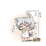  &gt;_&lt; animal_ears closed_eyes dekasudachin eyes_closed fang hand_on_own_chest hand_to_chest inubashiri_momiji laundry_basket musical_note naked_towel open_mouth outstretched_arm short_hair silver_hair solo tail tail_wagging touhou towel translated translation_request wolf_ears wolf_tail 