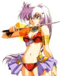  armor bare_shoulders bikini_armor bracer circlet green_eyes half-skirt highres langrisser lavender_hair legend_of_lemnear lemnear long_hair navel official_art ponytail simple_background solo sword urushihara_satoshi weapon 