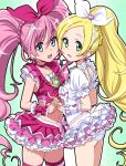  blonde_hair blue_eyes brooch cure_melody cure_rhythm green_eyes hand_holding heart holding_hands homing_(areya) houjou_hibiki jewelry magical_girl midriff minamino_kanade multiple_girls navel panties pink_hair pink_legwear ponytail precure suite_precure thigh-highs thighhighs twintails underwear 