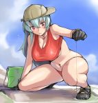  arm_support bikini blush bucket cap gloves hat kneeling long_hair red_eyes rozen_maiden rozenweapon silver_hair sky suigintou sweat swimsuit 