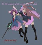  2girls animal_ears artist_request bifrst black_legwear blood bunny bunny_ears crazy_eyes drugs engrish gun koishi_adventure lavender_hair long_hair miniskirt multiple_girls necktie needle open_mouth rabbit ranguage red_eyes reisen reisen_udongein_inaba rifle shoes short_hair skirt spoilers surprised syringe thigh-highs thighhighs time_warp_rifle touhou very_long_hair weapon 