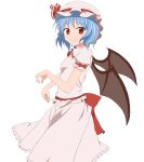  bad_id bat_wings blue_hair bow brooch fang goro hat jewelry large_bow red_eyes remilia_scarlet short_hair smile solo touhou wings 