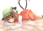  alexer animal_ears brown_eyes brown_hair cat_ears cat_tail chen hat looking_at_viewer lying multiple_tails on_stomach sakurea short_hair smile solo sunbeam sunlight tail touhou 
