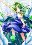  90i ascot daiyousei dress fairy_wings green_eyes green_hair hair_ribbon ice kunai looking_at_viewer looking_back outstretched_arms ribbon side_ponytail smile solo spread_arms touhou water weapon wings 