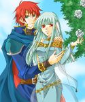  blue_eyes blue_hair cape dress eliwood fire_emblem fire_emblem:_rekka_no_ken ninian red_eyes red_hair rose white_rose 