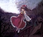  ascot ashiyama_yoshinori bangs bare_tree blunt_bangs bow brown_hair detached_sleeves flying frilled_skirt gohei hair_bow hair_stick hair_tubes hakurei_reimu highres long_hair miko perspective ponytail red_eyes skirt sky smile solo torii touhou tree 