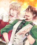  barnaby_brooks_jr belt blonde_hair brown_hair closed_eyes eyes_closed facial_hair fang glasses jacket kaburagi_t_kotetsu laughing male multiple_boys red_jacket shiki_(zwei) short_hair stubble studded_belt tiger_&amp;_bunny vest waistcoat watch wristwatch 