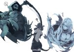  anger_vein bare_shoulders black_legwear blue_hair breasts cleavage dizzy from_behind guilty_gear middle_finger necro rca ribbon scythe simple_background skull tail tail_ribbon thigh-highs thighhighs undine wink 