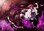  1girl akaikitsune bad_id blurry breasts cherry_blossoms cleavage depth_of_field dress from_above hair_bobbles hair_ornament highres large_breasts onozuka_komachi petals red_eyes red_hair redhead ripples scythe solo touhou tree water 