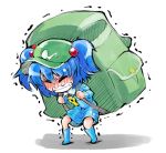  1girl backpack bag blue_hair blush clenched_teeth closed_eyes dress full-face_blush hair_bobbles hair_ornament hat heavy kawashiro_nitori rubber_boots shinapuu shirt simple_background skirt solo touhou trembling twintails white_dress 