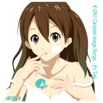  breasts brown_eyes brown_hair cleavage collarbone dress extra finger_to_mouth heart highres k-on! kouchou long_hair side_ponytail simple_background smile solo strap_slip taki_eri 