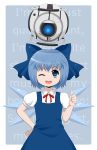  artist_request blue_eyes blue_hair bow cirno crossover dress english hair_bow hand_on_hip highres hips miss-it-girl neck_ribbon open_mouth portal portal_2 ribbon short_hair smile solo thumbs_up touhou wheatley wings wink 
