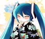  ^_^ aqua_hair blush closed_eyes eyes_closed hatsune_miku headphones highres japanese_clothes kimono obi smile solo twintails vocaloid yukata yume_shokunin 