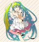  :o choker dress foreshortening green_eyes green_hair hatsune_miku headphones headset himesuzu long_hair open_mouth outstretched_arms solo twintails very_long_hair vocaloid 
