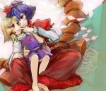 arm_around_waist blonde_hair blue_eyes blue_hair blush eye_contact frog hair_ornament indian_style leaf long_skirt looking_at_another maple_leaf moriya_suwako multiple_girls no_hat no_headwear not_hat pointing red_eyes shide shime_mura shimenawa sitting skirt smile touhou yasaka_kanako