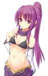  bare_shoulders bikini_top blush breasts cosplay detached_sleeves expressionless hand_on_own_chest hand_to_chest konimaru long_hair looking_at_viewer mound_of_venus navel ponytail purple_eyes purple_hair rivalun rivalun_(cosplay) scarf simple_background solo sugiura_ayano under_boob underboob violet_eyes yuru_yuri 