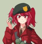  beret bill_(left4dead) breasts cosplay explosive grenade hair_bobbles hair_ornament hat left_4_dead onozuka_komachi parody red_eyes red_hair redhead shino_(r_shughart) short_hair simple_background smile solo team_fortress_2 the_soldier the_soldier_(cosplay) touhou twintails 