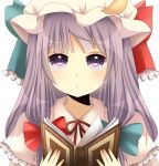  bad_id book bow bust crescent dress face hat heart heart-shaped_pupils long_hair looking_at_viewer patchouli_knowledge portrait purple_eyes purple_hair ribbon solo symbol-shaped_pupils touhou violet_eyes yamasuta 